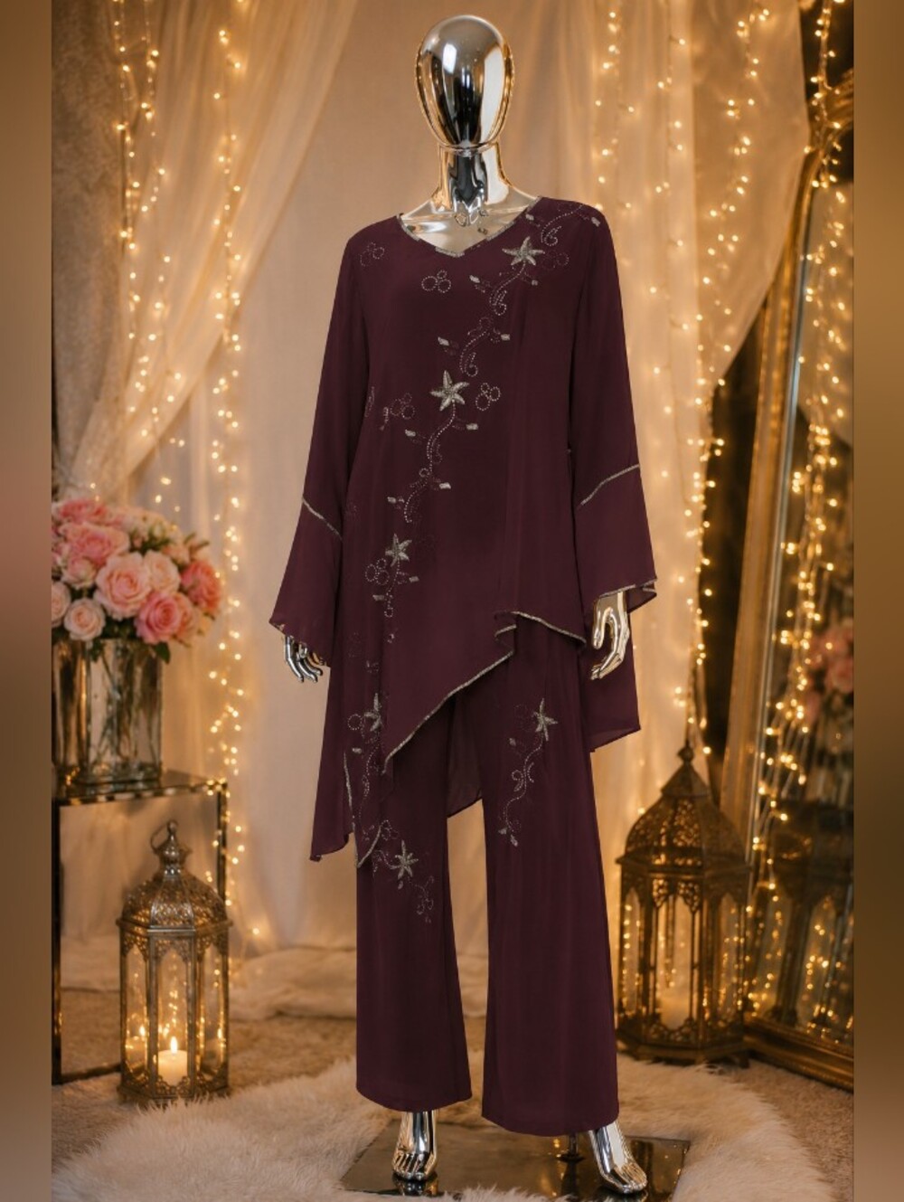 Women's Embellished Asymmetrical Tunic & Pant Set - Plum